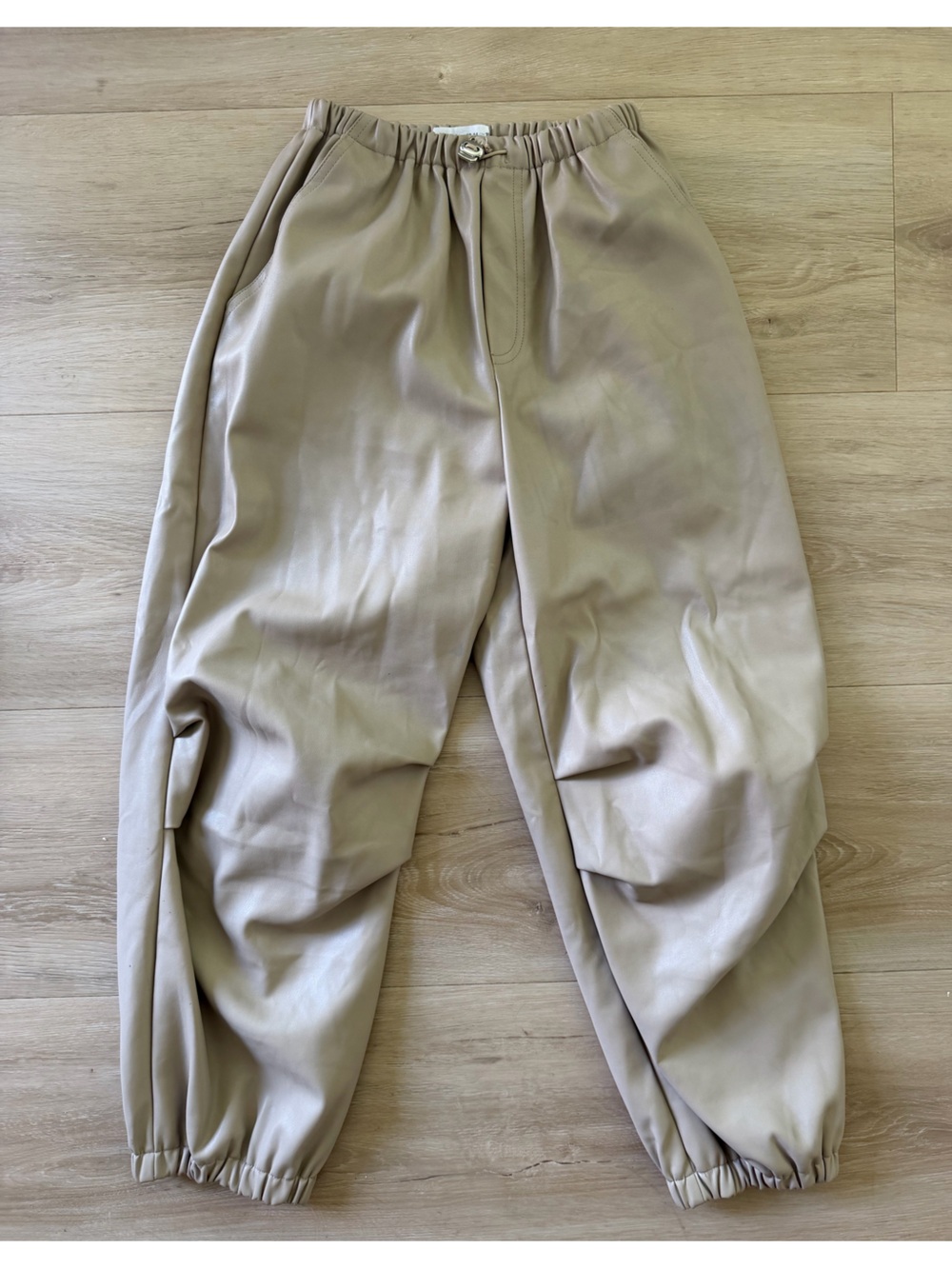 Zara Neutral Beige Faux Leather Drawstring Bubble Pants